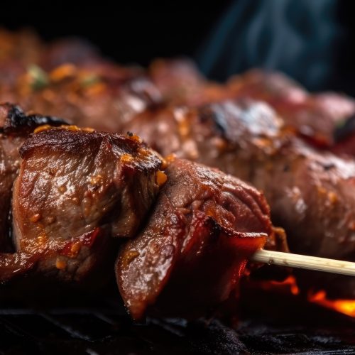 Close-up of Tasty Kebab Meat Skewers with Charred Edges, AI Generated